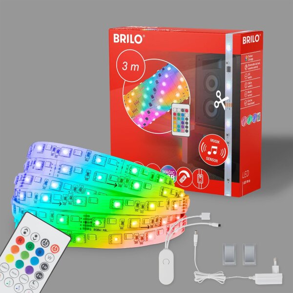 LED-Stripe, Weiß, 3 Meter, mit Fernbedienung, RGB-Farbwechsel – Briloner