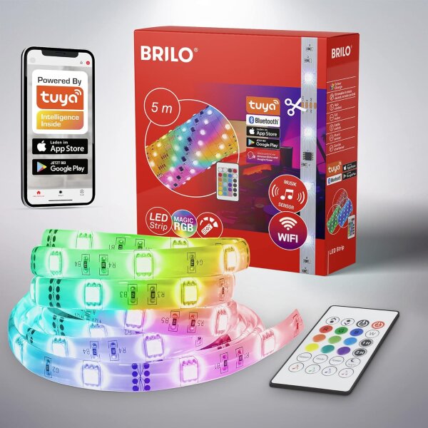LED-Stripe, Weiß, 5 Meter, smart steuerbar, mit Fernbedienung, RGB-Farbwechsel – Briloner