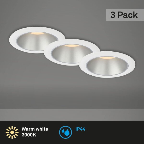 LED Einbauleuchten, Weiß – Silber, Bohrloch 8 cm, 3x4,9W, 3000K, IP44, Ø 9,5 cm – Briloner
