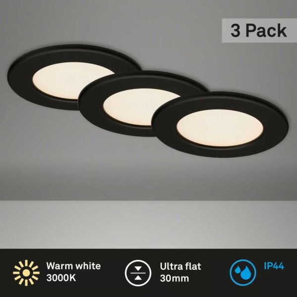Briloner LED Einbauleuchte 3er Set Ø 115 mm – Schwarz – 6 W pro Modul – 3000 K – IP44