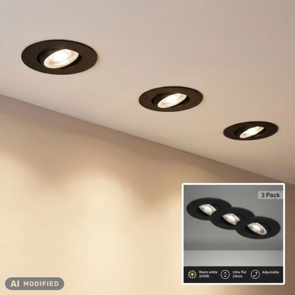 LED Einbauspots, Schwarz, Bohrloch 6,8 cm, 3x5W, 460lm, 3000K, Ø 9 cm – Briloner