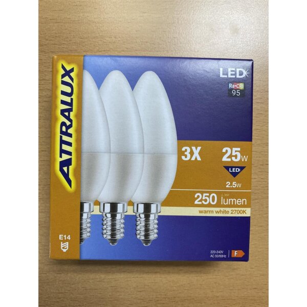 3er-Set LED-Lampe, E14, 2,5 Watt, 250lm, 2700K – Attralux