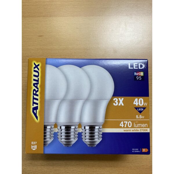 3er-Set LED-Lampe, E27, 5,5 Watt, 470lm, 2700K – Attralux