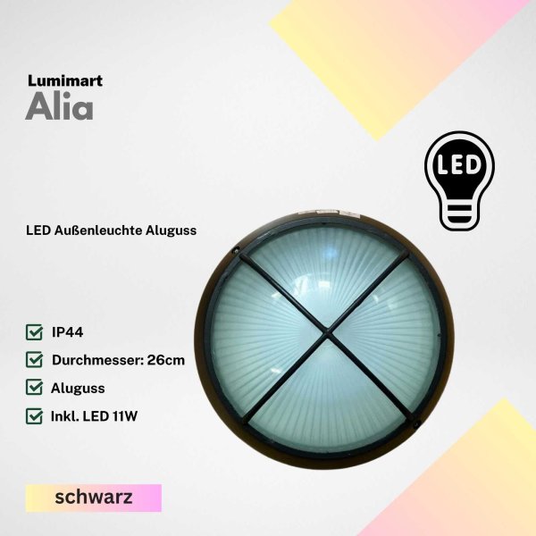 Außenleuchte Lumimart Alia LED Aussenlampe IP44 Schwarz Aluminiumdruckguss Glas