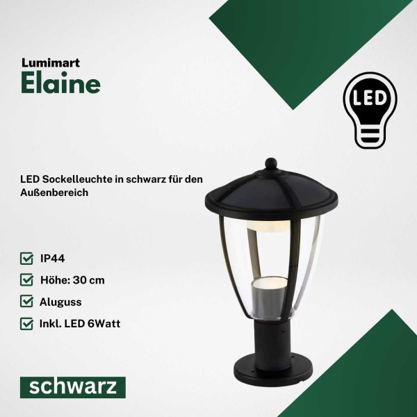Außenleuchte Lumimart Elaine LED Sockelleuchte IP44 schwarz Gartenlampe 6W
