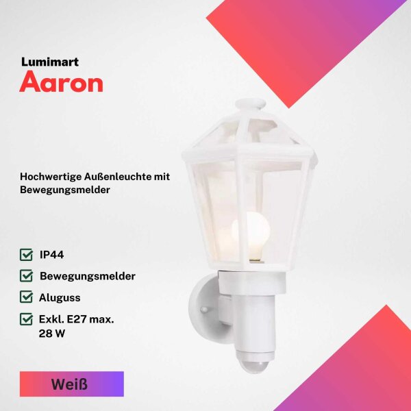 Lumimart Aaron Außenwandleuchte E27 Bewegungsmelder IP44 Weiß Aluminiumdruckguss