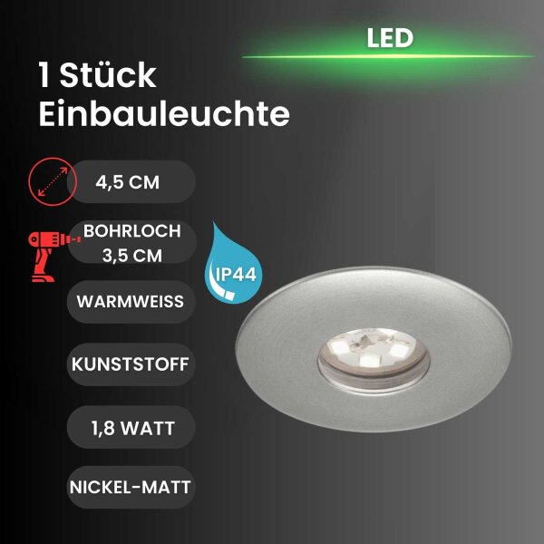 LED Einbaulampe Attach, Aluminium, Bohrloch 3,5 cm, 1,8 Watt, IP44, Ø 4,5 cm – Briloner