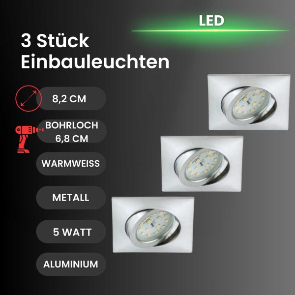 Einbauleuchte Briloner LED Eckig Aluminium Einbauspot schwenkbar 3er Set 5W