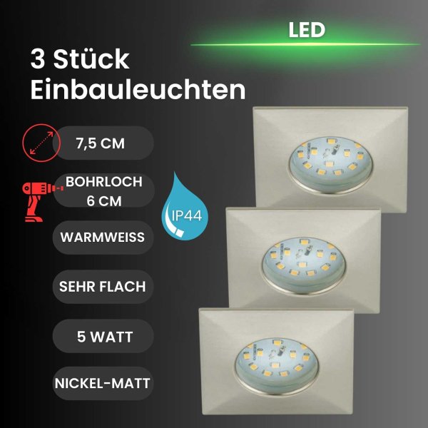 Einbauleuchte Briloner Attach One LED 3er Set Nickelmatt 5W IP44 Einbaulampe eckig