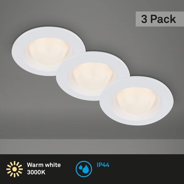 LED Einbauspots, Weiß, Bohrloch 7 cm, 3x3W, 260lm, 3000K, IP44, Ø 9,5 cm – Briloner