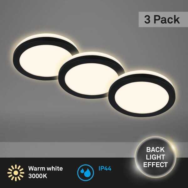 Briloner LED Einbauleuchten 3er Set Schwarz IP44 Backlight-Effekt Flach Ø8,6cm 3x3W Warmweiß
