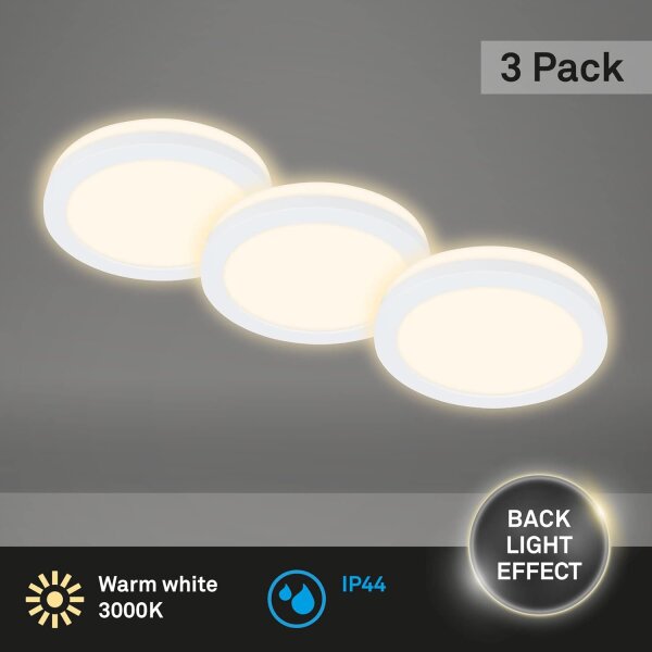 Briloner LED Einbauleuchten 3er Set Weiß IP44 Backlight-Effekt Flach Ø8,6cm 3x3W Warmweiß (7055-036)