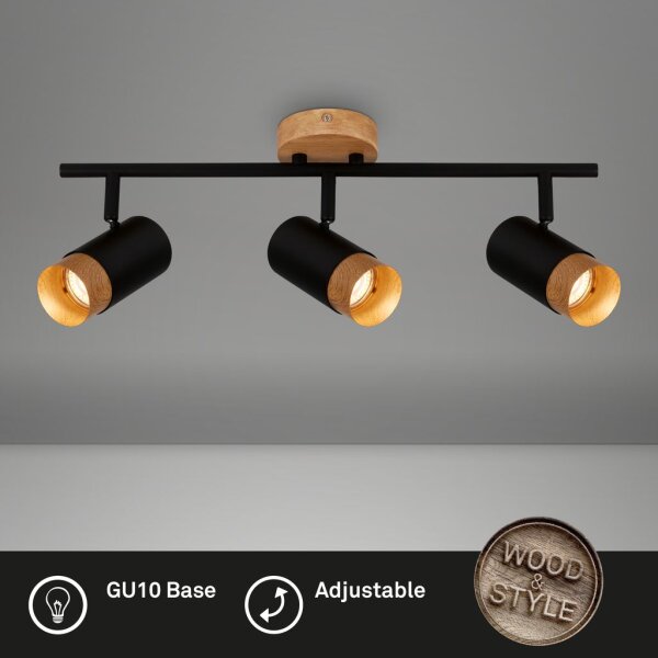Strahler Briloner 3er Spot Schwarz Holz Deckenlampe GU-Fassung