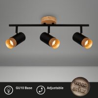 3-flammiger Deckenspot 3er, Schwarz / Holz, 3x9W,...