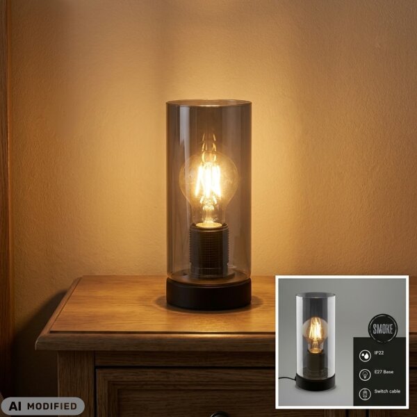 Tischlampe, Schwarz / Rauchglas, 10 Watt, E27-Fassung, Glas, Ø 10cm – Briloner