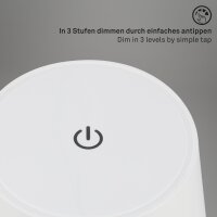 Akku-Tischlampe Akku-Leuchte, Weiß, 2,6 Watt, 3000K, dimmbar, Ø 10,5 cm – Briloner