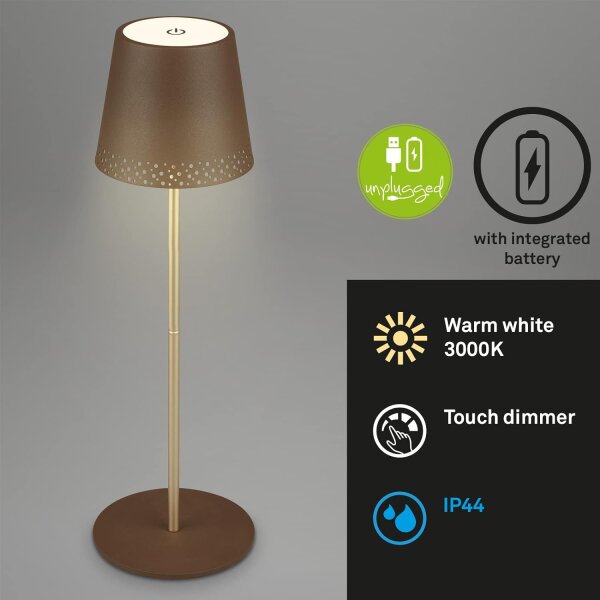 Akku-Tischlampe Akku-Leuchte, Braun-Gold, 2,6 Watt, 3000K, dimmbar, Ø 12 cm – Briloner
