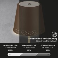 Akku-Tischlampe Akku-Leuchte, Braun-Gold, 2,6 Watt, 3000K, dimmbar, Ø 12 cm – Briloner