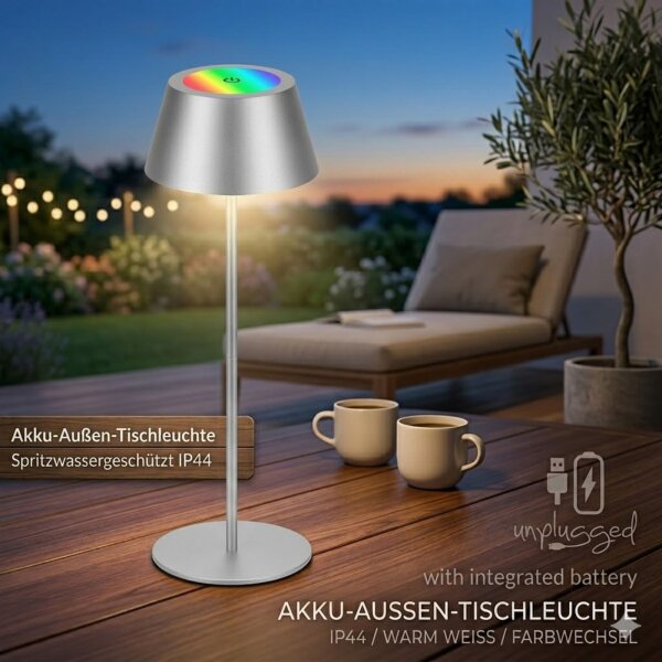 Briloner LED RGB Akku-Tischleuchte 7466018 – Kabellose Touchlampe mit Farbwechsel, silber, 2,6 W