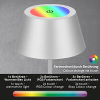 Briloner LED RGB Akku-Tischleuchte 7466018 – Kabellose Touchlampe mit Farbwechsel, silber, 2,6 W