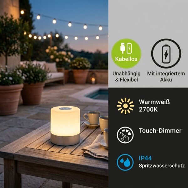 Akku-Leuchte Briloner Mini Tischlampe Silber Touch-Dimmer USB IP44