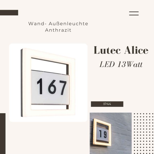 Außenleuchte Lutec Alice LED Wandleuchte Hausnummer Lampe 13W Wandlampe Anthrazit / Silber