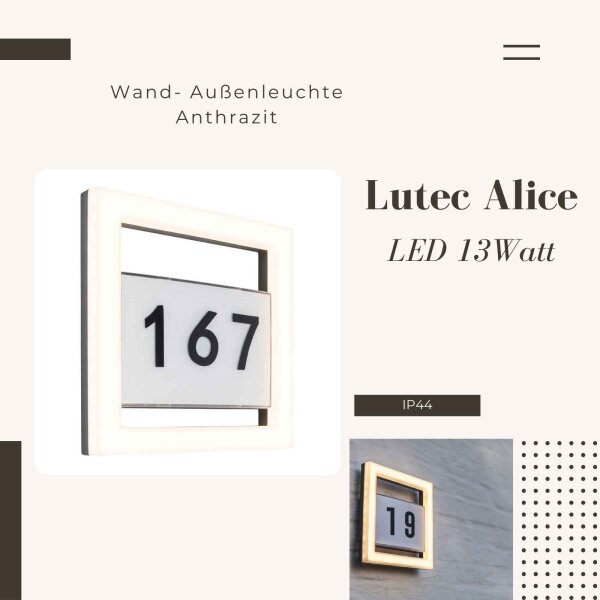 Lutec Alice LED Außenwandleuchte mit Hausnummer 13W IP44 Anthrazit/Silber