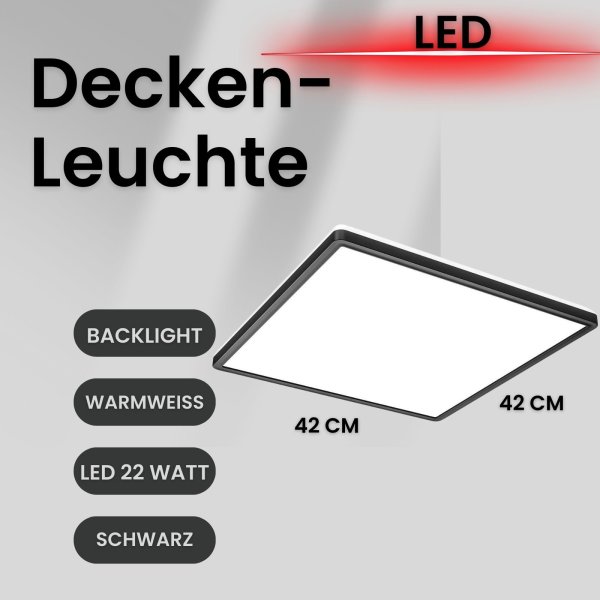 Deckenleuchte LED Panel mit Backlight-Effekt ultra-flach schwarz XL 42 x 42 cm 22 Watt LED