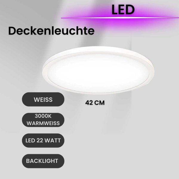 Deckenleuchte LED Panel mit Backlight-Effekt ultra-flach weiß rund XL dimmbar über Schalter 22 Watt 42 cm