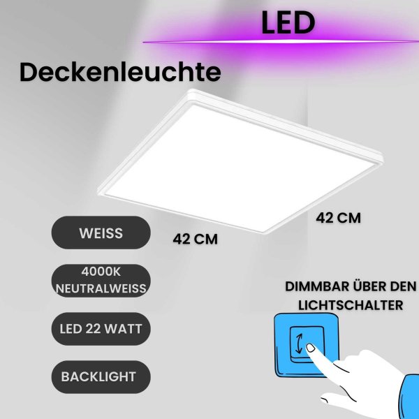 Deckenleuchte LED Panel mit Backlight-Effekt dimmbar über Lichtschalter ultra-flach weiß XL  42 x 42 cm 22 Watt