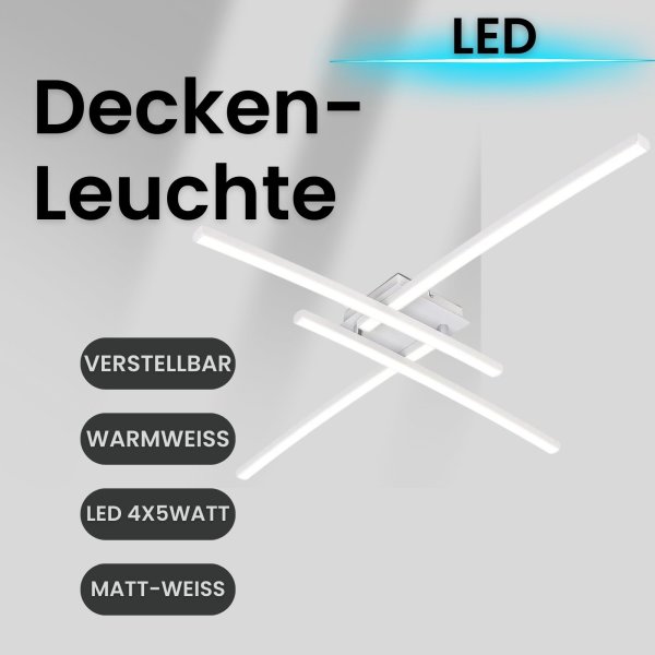 LED Deckenleuchte 4-flammig schwenkbare Leuchtarme matt-weiß Deckenlampe 20 Watt