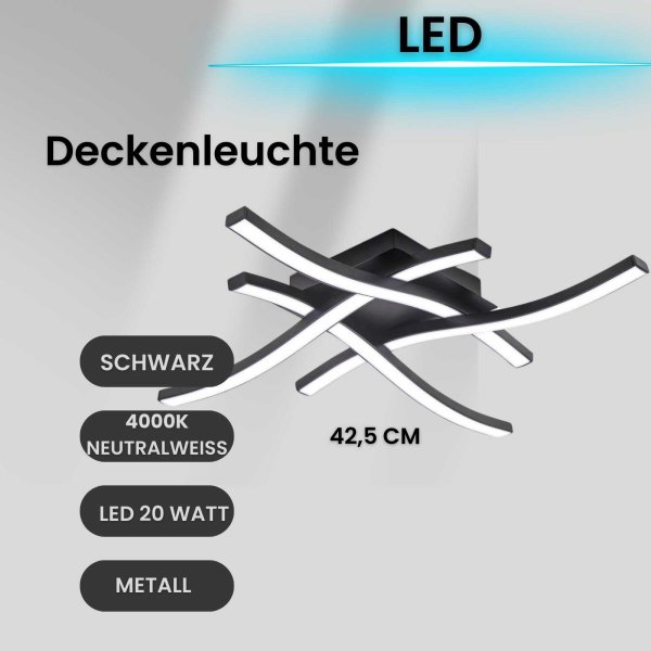 Deckenlampe LED Design Deckenleuchte mit 4 LED Leuchtstäben schwarz 20 Watt