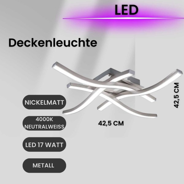 Deckenleuchte LED Deckenleuchte 4-flammig in Wellenform Nickelmatt 17 Watt