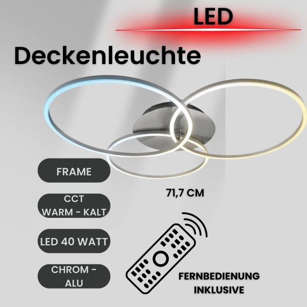 Deckenlampe CCT LED Frame Deckenleuchte matt-nickel rund dimmbar Fernbedienung 40 Watt