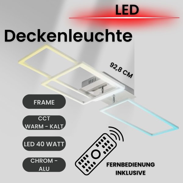 Deckenlampe CCT LED Frame Deckenleuchte chrom schwenkbar mit Timer 40 Watt Fernbedienung dimmbar