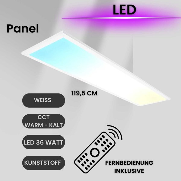 Deckenlampe LED Panel CCT, 119,5x29,5cm, Backlight, weiß, dimmbar, Fernbedienung 36 Watt Deckenleuchte