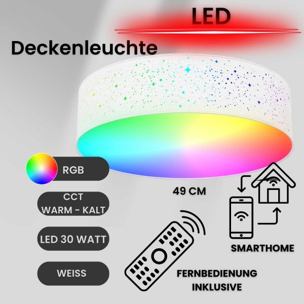 Deckenlampe WiFi LED Deckenleuchte Stoff mit CCT RGB Steuerung Smart 30 Watt dimmbar 49 cm