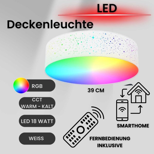 Deckenleuchte WiFi LED Deckenleuchte mit CCT RGB Steuerung Deckenlampe 39 cm smart 18 Watt Fernbedienung