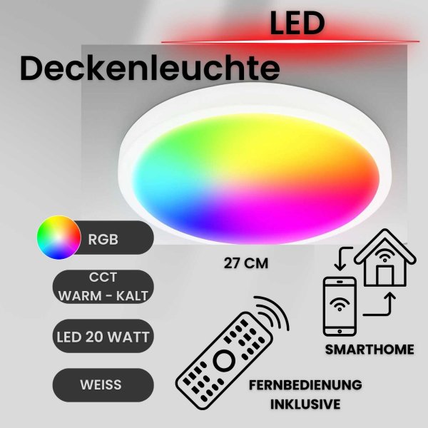 Deckenleuchte LED Wifi Deckenlampe RGB CCT 20 Watt Fernbedienung dimmbar Timer 27 cm Smart
