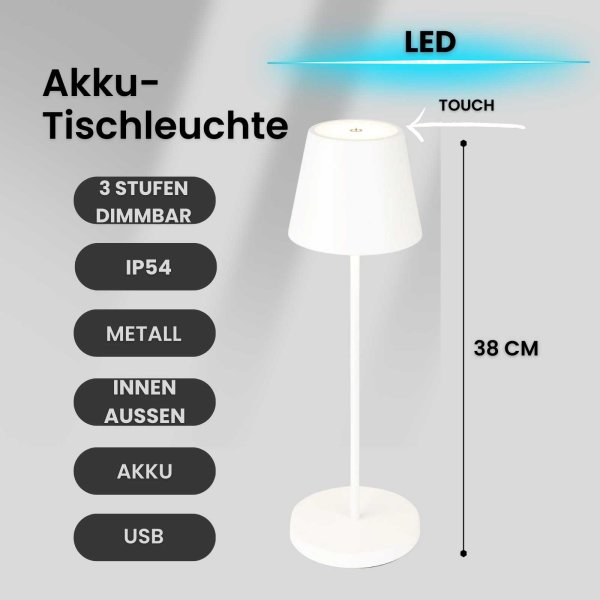 AKKU Tischleuchte Weiß LED 2,6 Watt USB-Anschluß Tischlampe IP54 Touch-Dimmer