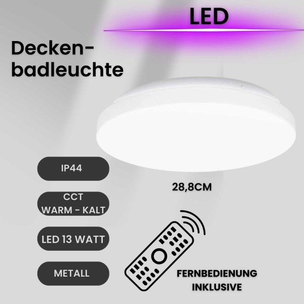 Deckenlampe CCT LED Deckenleuchte Badlampe IP44 dimmbar mit Fernbedienung dimmbar 13 Watt 28,8 cmTimer