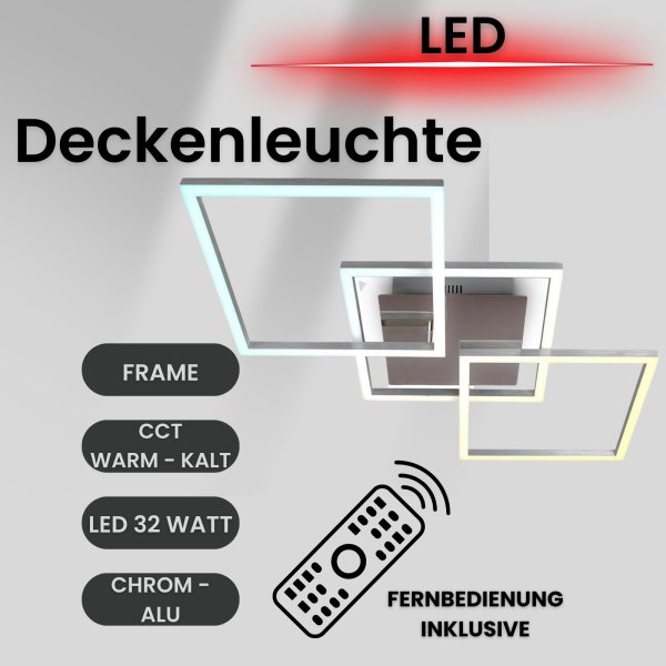 Deckenlampe CCT LED Deckenleuchte mit Fernbedienung Timer und Nachtlichtfunktion XL Chrom Alu 32 Watt