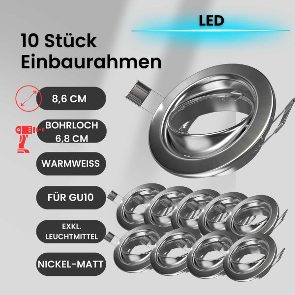 Einbauleuchten 10er Set GU10 nickel matt schwenkbar Einbaulampen