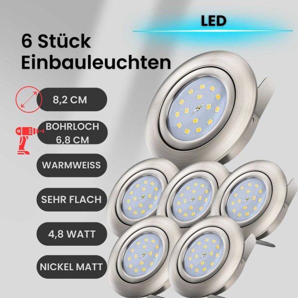 Einbaustrahler Einbauleuchte LED 6er SET schwenkbar 4,8W ultraflach Nickelmatt 3000K