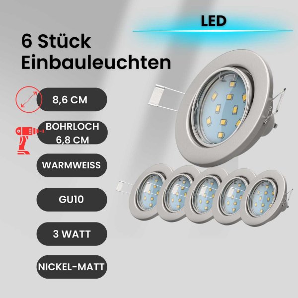 Einbauleuchten 6er Set LED 6 x 3W GU10 Nickelmatt schwenkbar 3000K