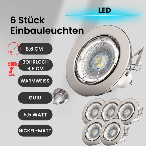 Einbauleuchte LED Einbaustrahler 6er SET 5,5W inkl.GU10 dimmbar Einbaulampe 3000K