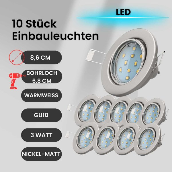 Einbaulampen LED Einbaustrahler Einbauleuchte 10er SET 3W inkl. GU10 Nickelmatt schwenkbar 3000K