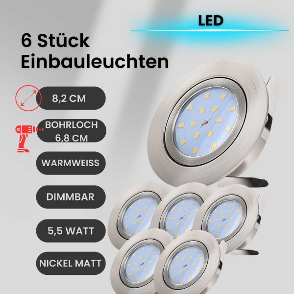 Einbauleuchten LED 6 x 5,5W Nickelmatt 470 Lumen dimmbar schwenkbar