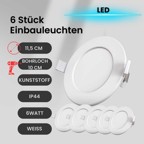 Einbaulampe LED Einbaustrahler Bad Einbauleuchte 6er SET ultra flach 6W IP44 Weiß 450Lumen