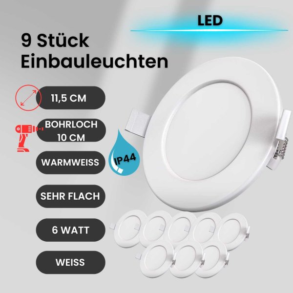 Einbaustrahler Bad Einbauleuchte LED 9er SET ultra flach 6W IP44 Weiß